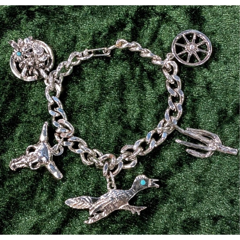 Vintage Southwestern Charm Bracelet Silver Tone Roadrunner Steer Skull 7.5"